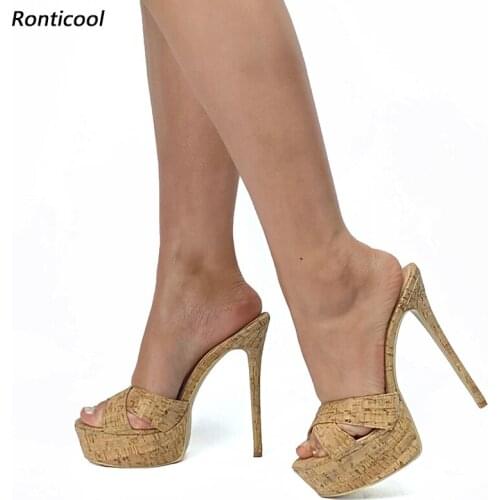 Ronticool 2021 Women Platform Mules Sandals Slippers Unisex Sexy Stiletto Heels Open Toe Boutique Brown Beach Shoes US Size 5-20