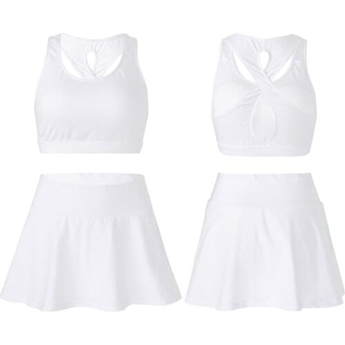 2Pcs Women Sport Suits Gym Running Workout Outfits Table Tennis Set Removable Pads Sport Bra Tops and Skirt with Built-in Shorts