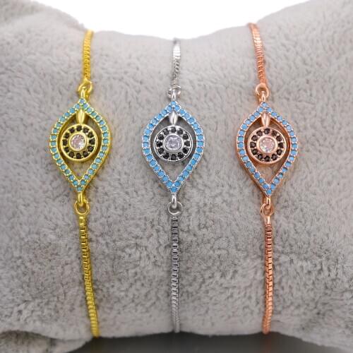 JUWANG Fashion DIY Women Link Bracelets Cubic Zirconia Evil Eye Pave Setting Connector Charm Adjustable Chain Bracelet Jewelry