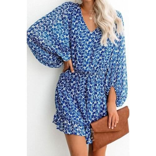 Blue V Neck Lantern Sleeves Floral Print Short Dress for Women
