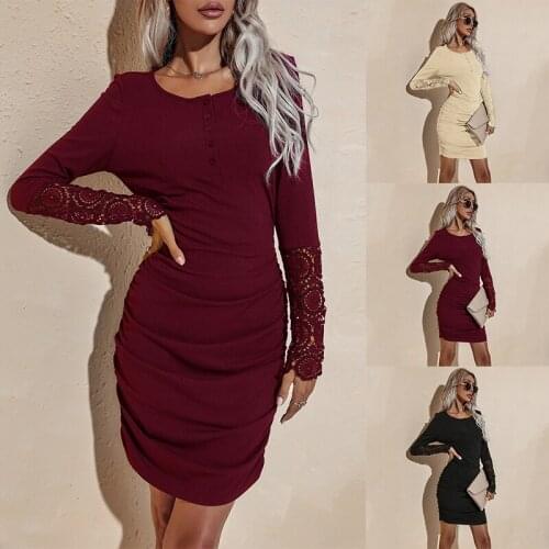 Women Ruched Sheath Dress, Adults Sexy Solid Color Round Neck Lace Sleeve Female Dresses