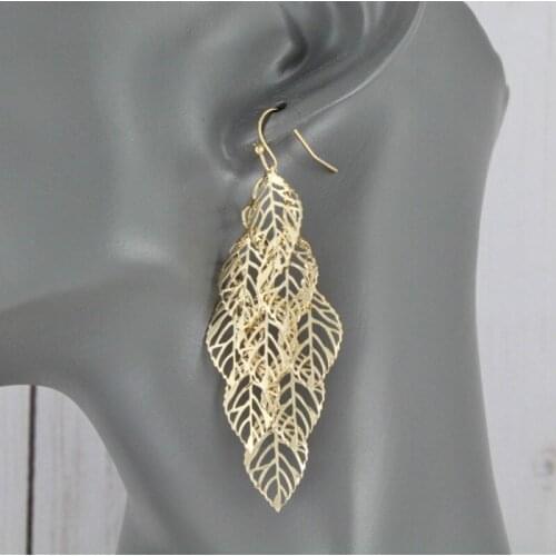 Gold chandelier earrings filigree leaf leaves earrings dangle cut out pattern lightweight 2 7/8" long shiny gold leaves