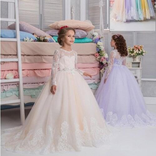 2018 Royal Flower Girl Dress for Weddings Trailing Lace Beaded Ball Gown Girl Party First Communion Dress Pageant Gown