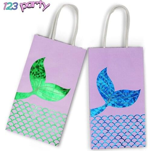 3Pcs Mermaid Tail Paper Bag Baby Shower Party Environment Friendly Kraft Paper Bag Gift Bag For Mermaid Theme Party Supplies