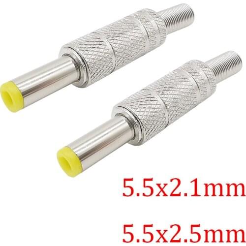 5Pcs Silver Metal DC Power Male Plug Jack 5.5x2.1mm / 5.5x2.5mm Adapter with Yellow Head 5.5*2.1mm/5.5*2.5mm DC Plugs Connectors