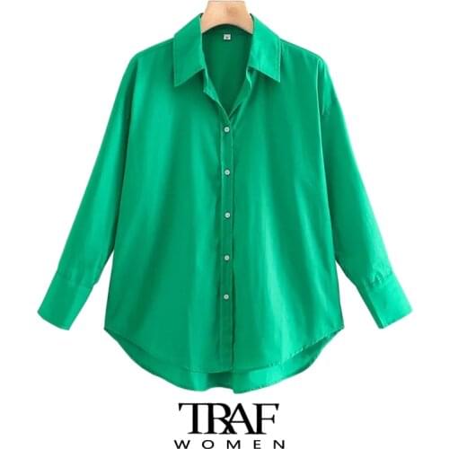 TRAF Za Women Fashion Loose Asymmetry Poplin Blouses Vintage Long Sleeve Button-up Female Shirts Blusas Chic Tops