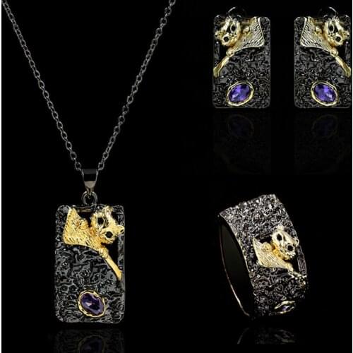 CIZEVA New Style kitten Cat Animal Ladies 925 Silver Jewelry Set Delicate Two Tone CZ Party Jewelry Rings+Earring+Necklace