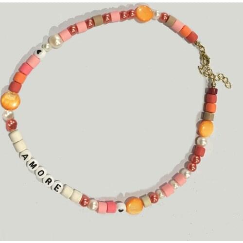DIY letter African Vinyl moda amore necklace women orange freshwater pearl beads heishi necklace wholesale