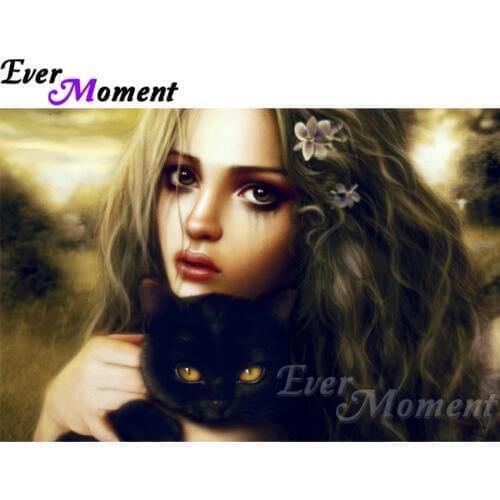 Ever Moment DIY Diamond Painting Cross Stitch Girl and Cat Mosaic Full Square Drills Rhinestone Artwork Home Decoration ASF1186