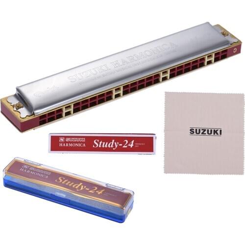 Suzuki Study-24 24 Holes Harmonica Tremolo Key of C with Cleaning Cloth Box Musical Instrument for Beginner Student