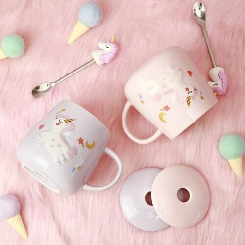 Unicorn Mermaid Coffee Mug with Lid 3D Spoon Ceramic Water Tea Cup Gift for Women Girls Pink 400ml