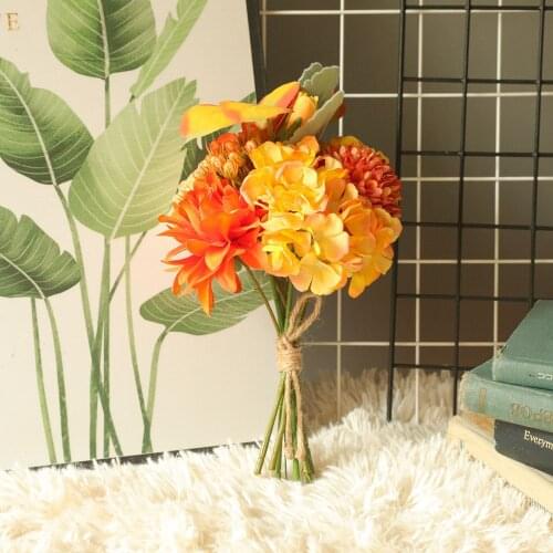 Simulation Orange Rose Dandelion Silk Flower Bunch for Wedding Bride Holding Bouquet Home Table Decoration Fake Flowers