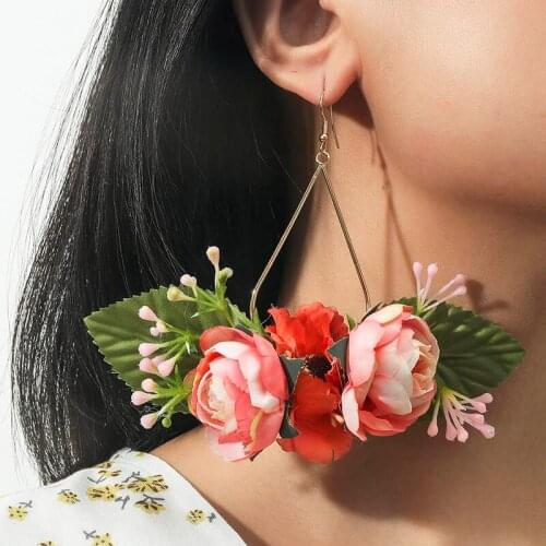 Trendy Female Handmade Green Leaf Fabric Flower Dangle Earrings For Women Fashion Bohemian Large Drop Earring Party Jewelry Gift