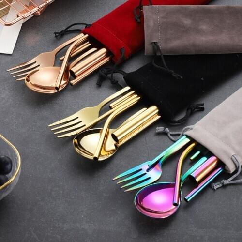 Dinnerware Set7pcs Stainless Steel Cutlery Set tableware set Reusable with Metal Straw Flatware Knife Fork Spoon Chopsticks Set