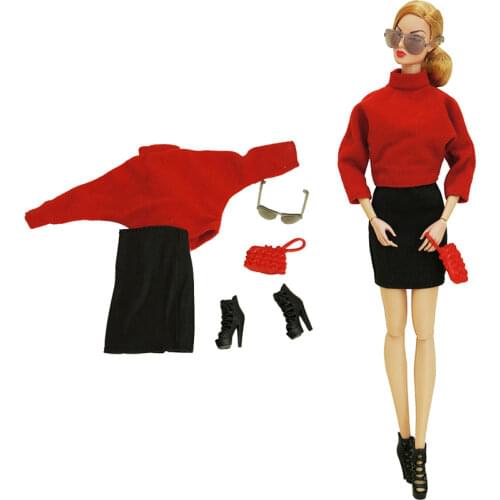 Handmade Doll Outfits for Barbie Doll Red Warm Turtleneck Dress Skirt High Heels Shoes Boots Mini Handbag Glasses Kids Toy Gift
