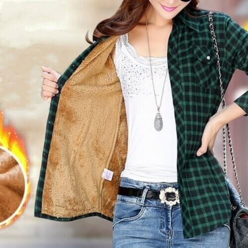Women Coats Office Lady Winter Plaid Shirt New Pure Cotton Velvet Thick Clothes Casual Jacket Woman Slim Thickness Female Tops