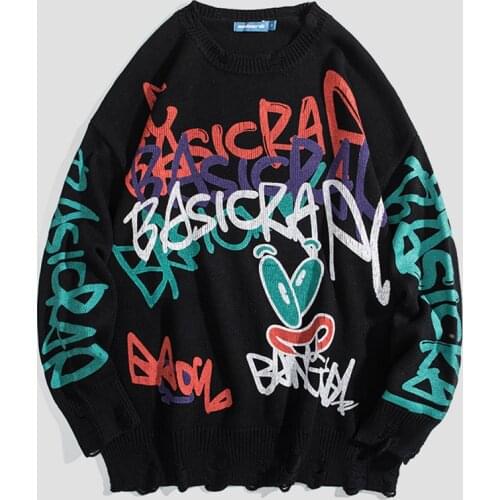 Sweater Men Knitted Pullover Sweaters Letters Graffiti Print Streetwear Hip Hop Casual Long Sleeve Knitwear Sweater Women Cozy