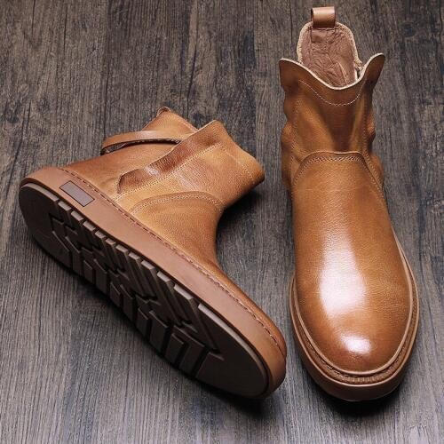Vintage Brand New Mens Real Leather Patchowork Zip Chelsea Boots British Round Toe Casual High Top Flat Boots Zapatos De Hombre
