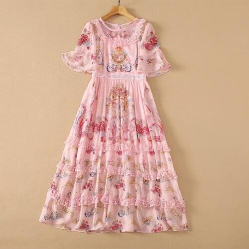 Europe and the United States womens clothing New Summer 2021 Short-sleeved cartoon print Fashion patchwork lace pink dress