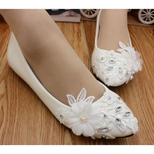 Flat heel ivory lace wedding shoes woman HS018 crystal rhinestones lace flowers brides flats shoes for woman