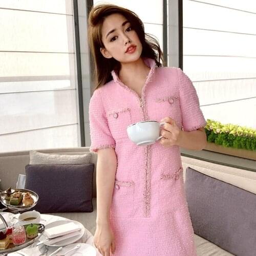 2019 Summer Fall Women Sweet Pink Purple Stand Collar Zipper Tweed Dresses Short Sleeve Pockets Celebrity Slim Mini Dress Y309