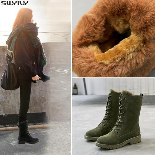 SWYIVY Snow Boots Ladies Pigskin Wedge Shoes Woman 2019 Womens Winter Shoes Leather Boots For Women Round Toe Booties Sewing