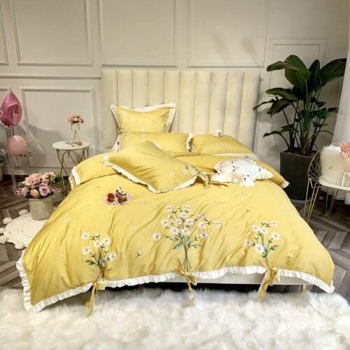 40Premium Embroidery Egyptian Cotton Yellow Duvet Cover Bedding Set Queen King size Bed set bed sheet/linen Pillow Shams 4/7Pcs