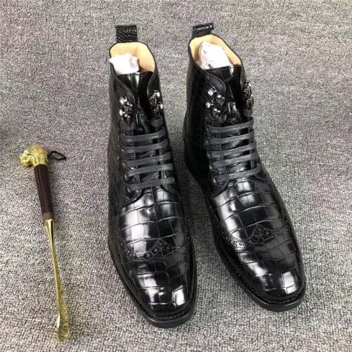 Authentic Exotic Crocodile Skin Handmade Real Cowskin Sole Mens Ankle Shoes Genuine Alligator Leather Male Winter Lace-up Boots