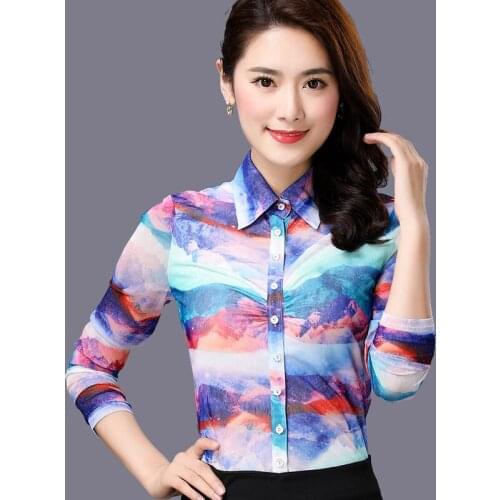 Spring Fall Fashion Office Lady Women Printed 3XL Stretch Mesh Blouse , Female Summer Printed 2018 New Blouses Shirts For Woman