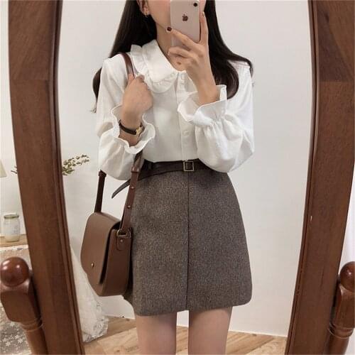 Ruffles Blouse Shirt Women 2020 Button Preppy Style Peter Pan Collar Blouses Ladies Long Sleeve White Woman Clothes Femme PZ3152