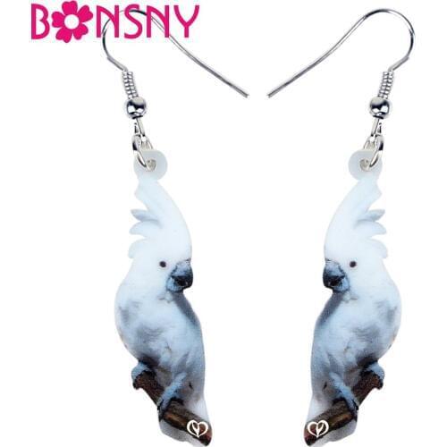 Bonsny Acrylic White Umbrella Cockatoo Bird Earrings Women Unique Animal Jewelry For Female Girls Pet Lovers Charms Lots Gift