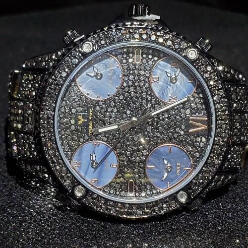 Hip Hop MISSFOX Mens Black & Blue Quartz Watches Fashion Wristwatches Top Brand Luxury Steel Bracelet Waterproof Iced Out Watch