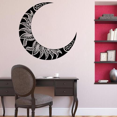 Black and White Crescent Moon Vinyl Wall Art Sticker Mandala Boho Flower Petals Vinyl Decal Sticker bedroom Art Wall Mural HL92