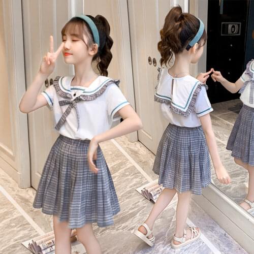 2021 Summer Set Kids teenager bow Short Sleeve t shirt JK Tops & Plaid Skirt Outfit for Girls 4 6 8 10 12 Years Children Clothes