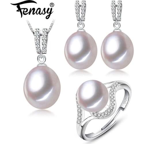 FENASY Wedding Jewelry Sets Fashion Natural Freshwater Pearl Pendant Necklaces Women Drop Earrings Elegant Silver Color Ring Set