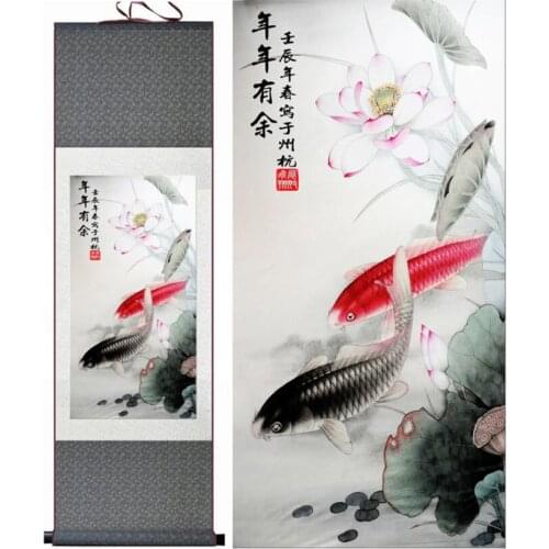 Fish painting Silk scroll paintings traditional art Chinese painting Fish picturePrinted painting