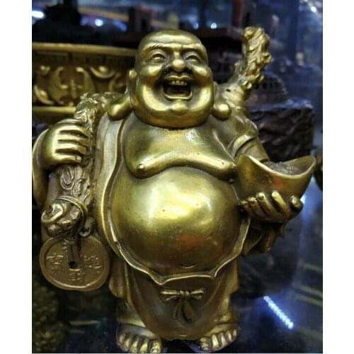 Chinese Brass Bronze Wealth Yuanbao Ruyi Happy Laugh Maitreya Buddha Statue