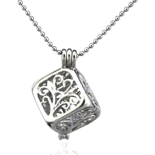 KK73 Girl Kids Chime Jingle Ball Square Floral Locket Necklace Aromatherapy Bead Cage Essential Oil Pendant Necklace