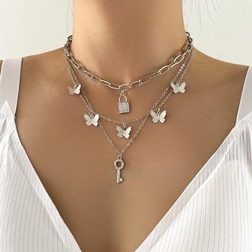 Aprilwell Gothic Necklace For Women Aesthetic Layered Lock Butterfly Pendant Collier Femme 2021Pulseras Jewelry Sets Gift EGirl