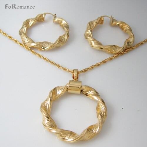 MIN ORDER ONE PIECE /- YELLOW GOLD GP 24" NECKLACE BIG HOOP GREAT PATTERN DIAMETER 47 MM 1.9" TALL 2" PENDANT EARRING SET