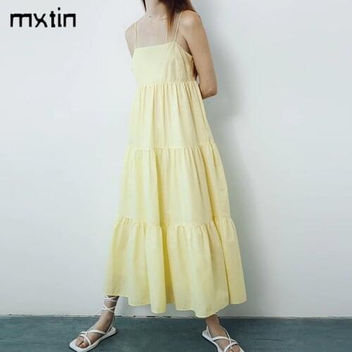 MXTIN 2021 Women Summer Vintage Cotton Solid Patchwork Midi Dress Fashion Sleeveless Backless Female Dresses Vestidos Mujer