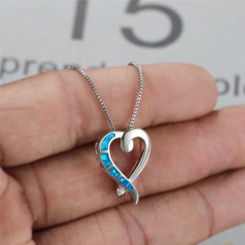Blue Opal Heart Pendant Necklace Dainty Female White Crystal Wedding Necklace Rose Gold Silver Color Chain Necklaces For Women