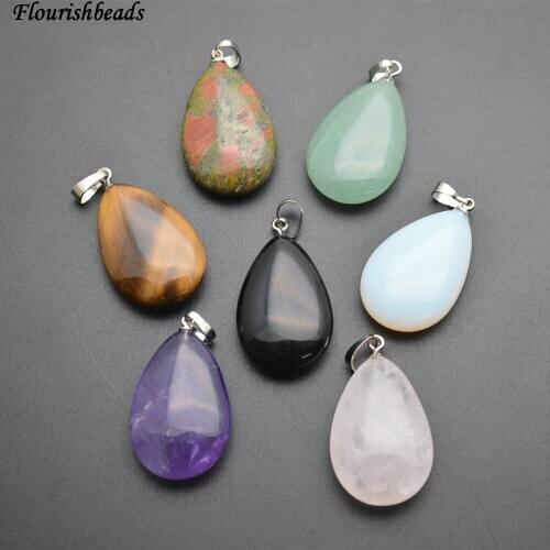 Natural Stone Flat Drop Pear Shape Pendants ( Amethyst / Tiger Eye / Rose Quartz / Aventurine / Opal / Unakite / Black Agate)