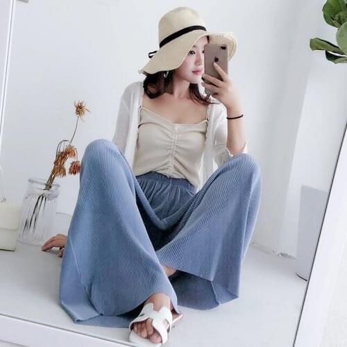 Casual Ice Silk Chiffon Wide Leg Pants Female Summer Gentle Wind High Waist Nine Points Pleated Loose Wild Thin Women Pants k621