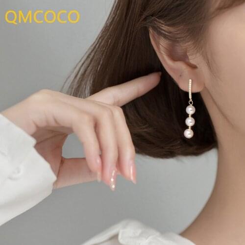 QMCOCO 925 Silver Pearl Pendant Elegance Romance Wedding Earrings For Woman Gold Color Earrings Bride Jewelry Accessories