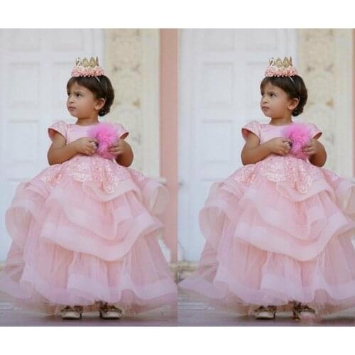 Pink Flower Girls Dresses For Lace Applique Sleeveless Children Evening Party Gown For Little Girls First Communion Dresses