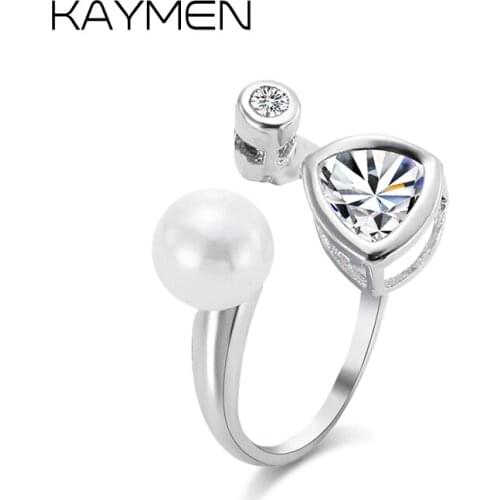 Silver Plated Cubic Zirconia adjustable Cuff Rings for Women Girls, Statement Pearl Band Ring for Wedding Engagement Party 00293