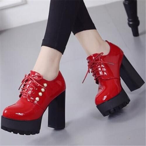 Spring Autumn New Fashion Shoes Women Pumps Patent Leather Platform 11cm Thick Heel Woman Shoes office lady lace-up Single shoes