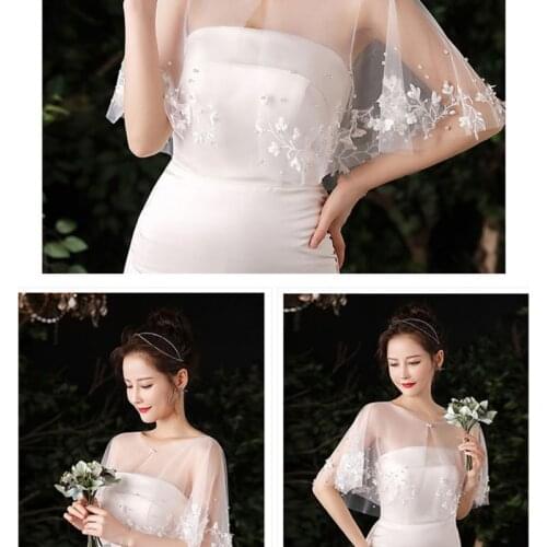 U90E Women Floral Leaves Applique Shawl Wrap Shrug Pearls Beading Lace Bridal Tulle Cape Wedding Dress Flapper Buckle Front Up