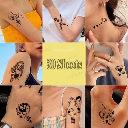 30 Sheets Tattoo Stickers Dark Black Style Bad Girl Wind Manga Portrait Girl Japanese Temporary Transferable Waterproof Sticker